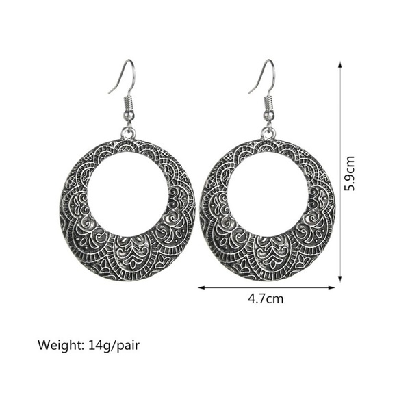 Any 3/$25! Dark Gray Engraved Circular Boho Drop Earrings - Picture 5 of 7